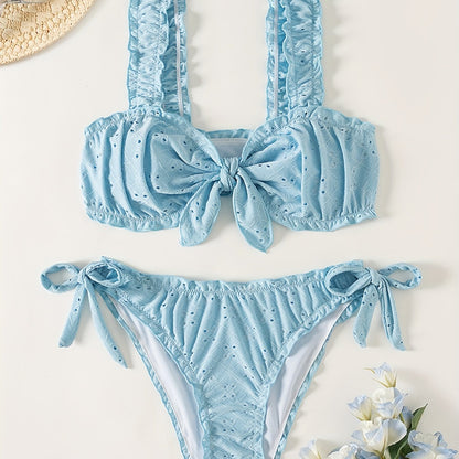 2 Piece Eyelet Embroidery Frill Stretchy Knot Bikini Set - Cute, Comfortable, and Chic Women's Swimwear with Plain White Color - Perfect for Beach, Pool, and Summer Vacation