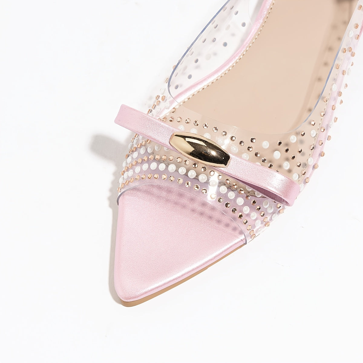 Women's Elegant Rhinestone Bow Metallic Buckle Sandals - Breathable TPU Flat Heel Pointed Toe Summer Shoes with Star Pattern, Comfortable Casual & Formal Wear, Formal Sandals | Pointedtoe Heels | TPU Upper Sandals, Strappy Sa