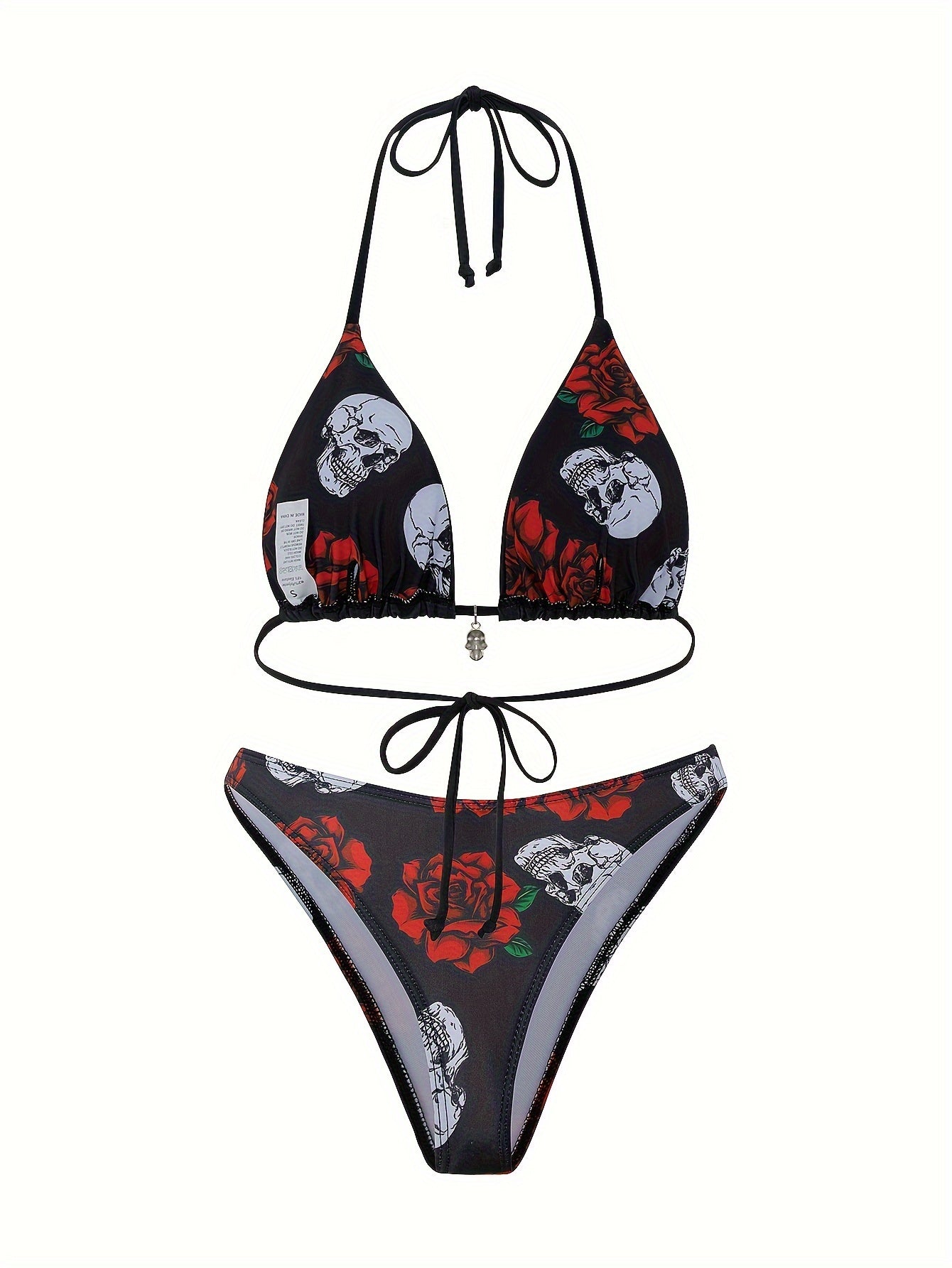 Halloween Skeleton & Flower Print Triangle 2 Piece Set Bikini, Spaghetti Strap Backless Stretchy Gothic Style Swimsuits, Women's Swimwear & Clothing Carnaval & Music Festival