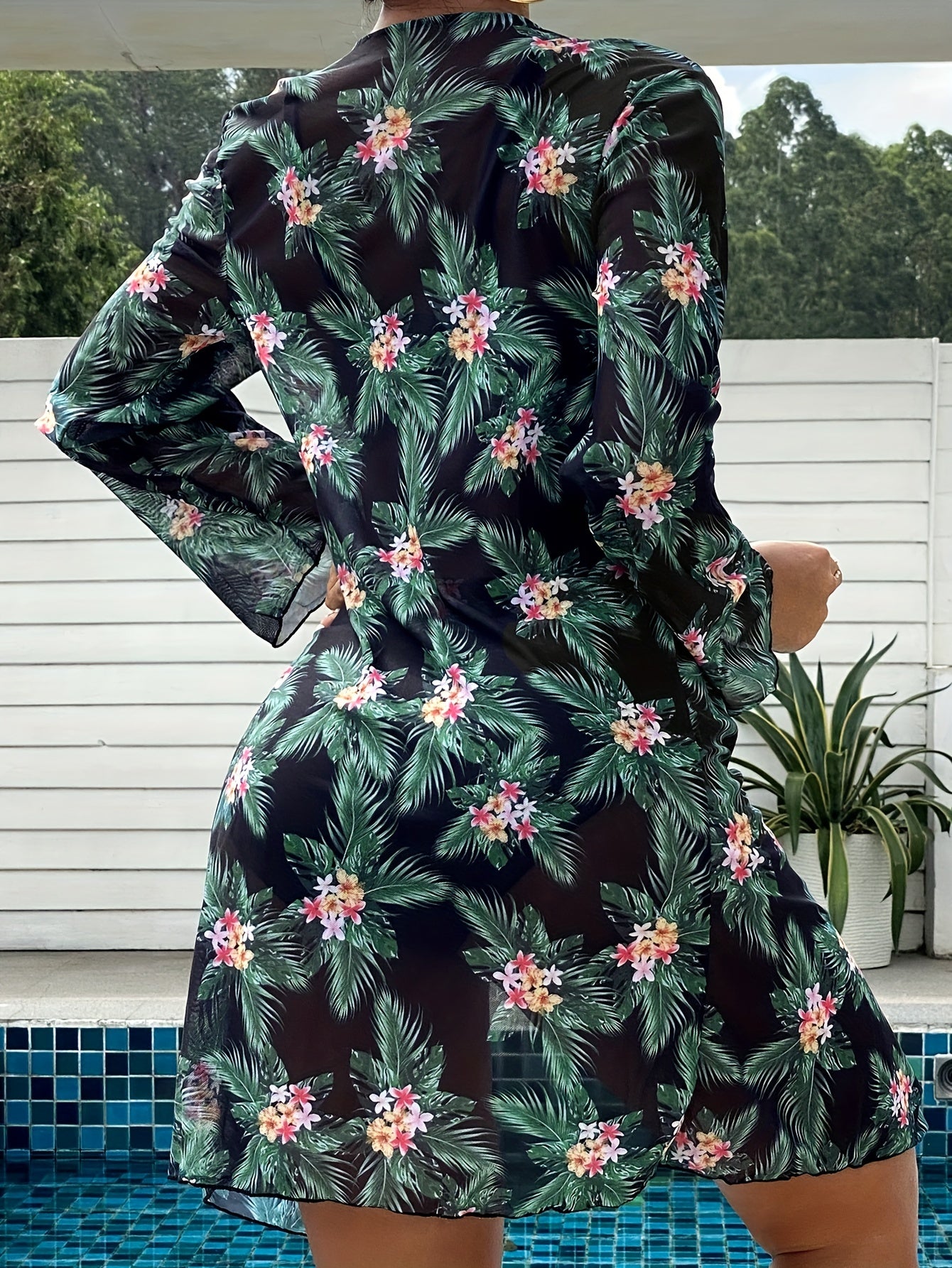 Tropical Elegance: High-Stretch 3-Piece Bikini Set with Crew Neck Cover-Up, Perfect for Casual Chic