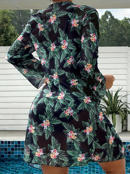 Tropical Elegance: High-Stretch 3-Piece Bikini Set with Crew Neck Cover-Up, Perfect for Casual Chic