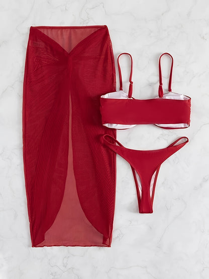 Solid Color 3 Piece Set Bikini, U-Wire High Cut With Cover Up Skirt Swimsuits - Polyester - For Women - Perfect for Beach Vacations & Pool Parties - Ideal Gift for Summer