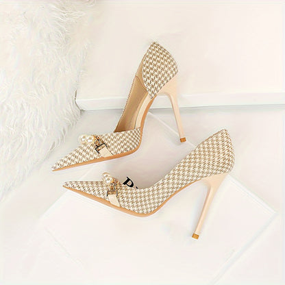 [Perfect Heel for Modern Woman] Womens Elegant Stiletto Heels, Thousand bird plaid pattern pattern collocation Dazzling Faux Pearl and metal Chain Decor, Wedding Evening Dress Office Party Dating Shoes, sleek pointed toe, eye