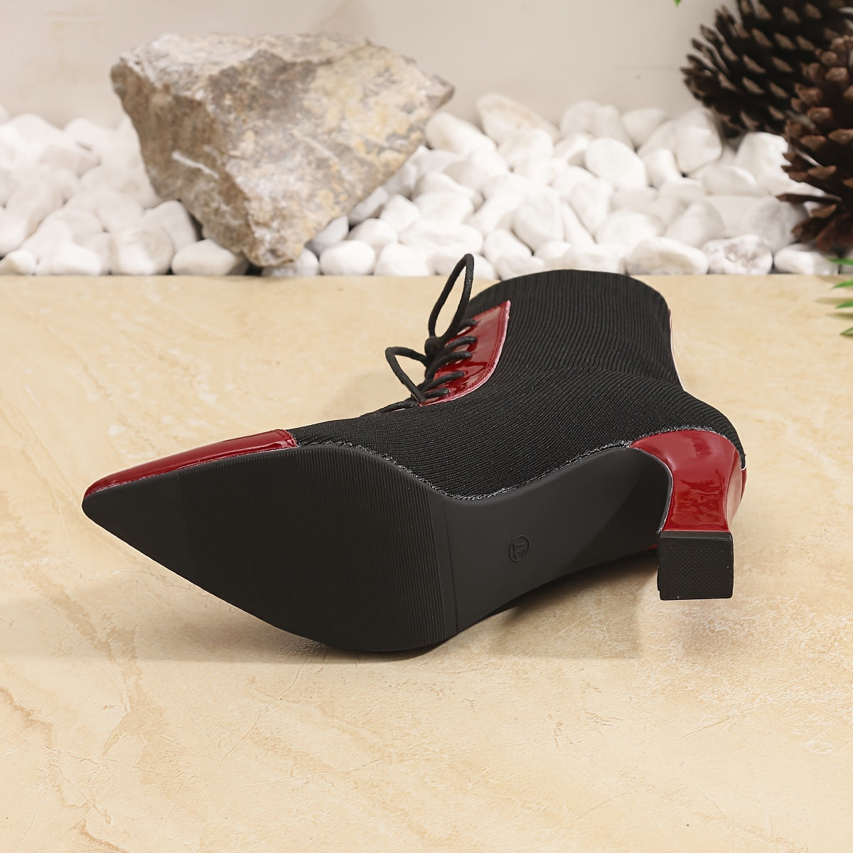 Black and Red Classic Combination Pointed Women's High Heels Short Boots Thick Heels with Adjustable Laces Comfortable Street Shoes Outdoor Boots
