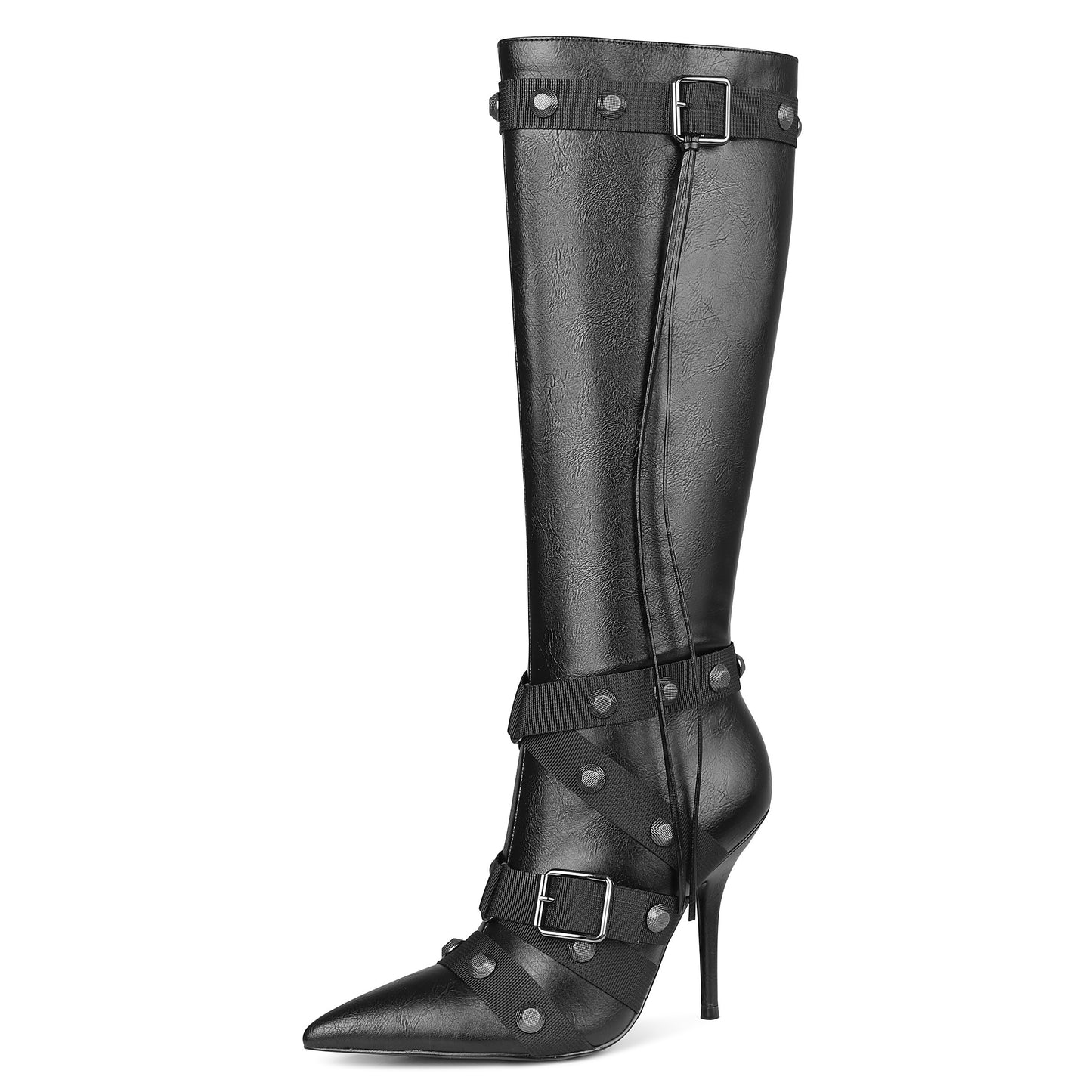 Stiletto Boots For Women, Knee High Boots Pointy Toe High Heels, Side Zipper Bucke Revets Tassel Boots, Ladies Dressy Party Boots