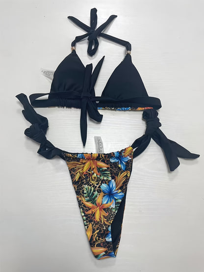 Leopard Floral Print Bikini Set - Flattering Halter & Backless Design - Ultra-Stretch Triangle Top, 2 Piece Swimwear Set for Womens Fashionable Beachwear
