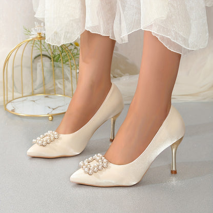 Champagne Satin Bridal Heels for Wedding 2024, Elegant French Style, Crystal Straps, Thin Heel, Comfortable, Multi-Season