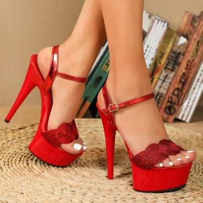 Elegant Women's Red Platform Sandals with Floral Embellishment - Sexy Open Toe, High Stiletto Heels, Waterproof, Faux Cover Ankle Strap - Perfect for Catwalk & Parties, Ladies Sandals