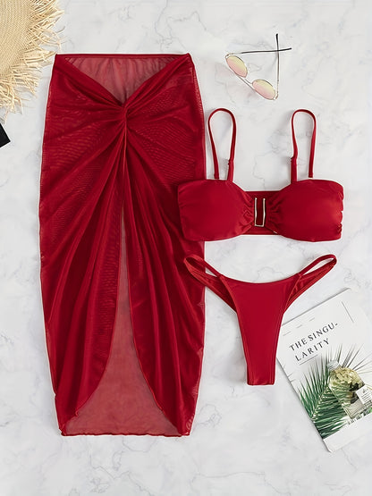 Solid Color 3 Piece Set Bikini, U-Wire High Cut With Cover Up Skirt Swimsuits - Polyester - For Women - Perfect for Beach Vacations & Pool Parties - Ideal Gift for Summer