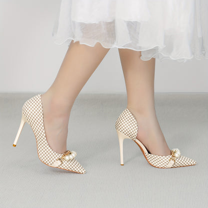[Perfect Heel for Modern Woman] Womens Elegant Stiletto Heels, Thousand bird plaid pattern pattern collocation Dazzling Faux Pearl and metal Chain Decor, Wedding Evening Dress Office Party Dating Shoes, sleek pointed toe, eye