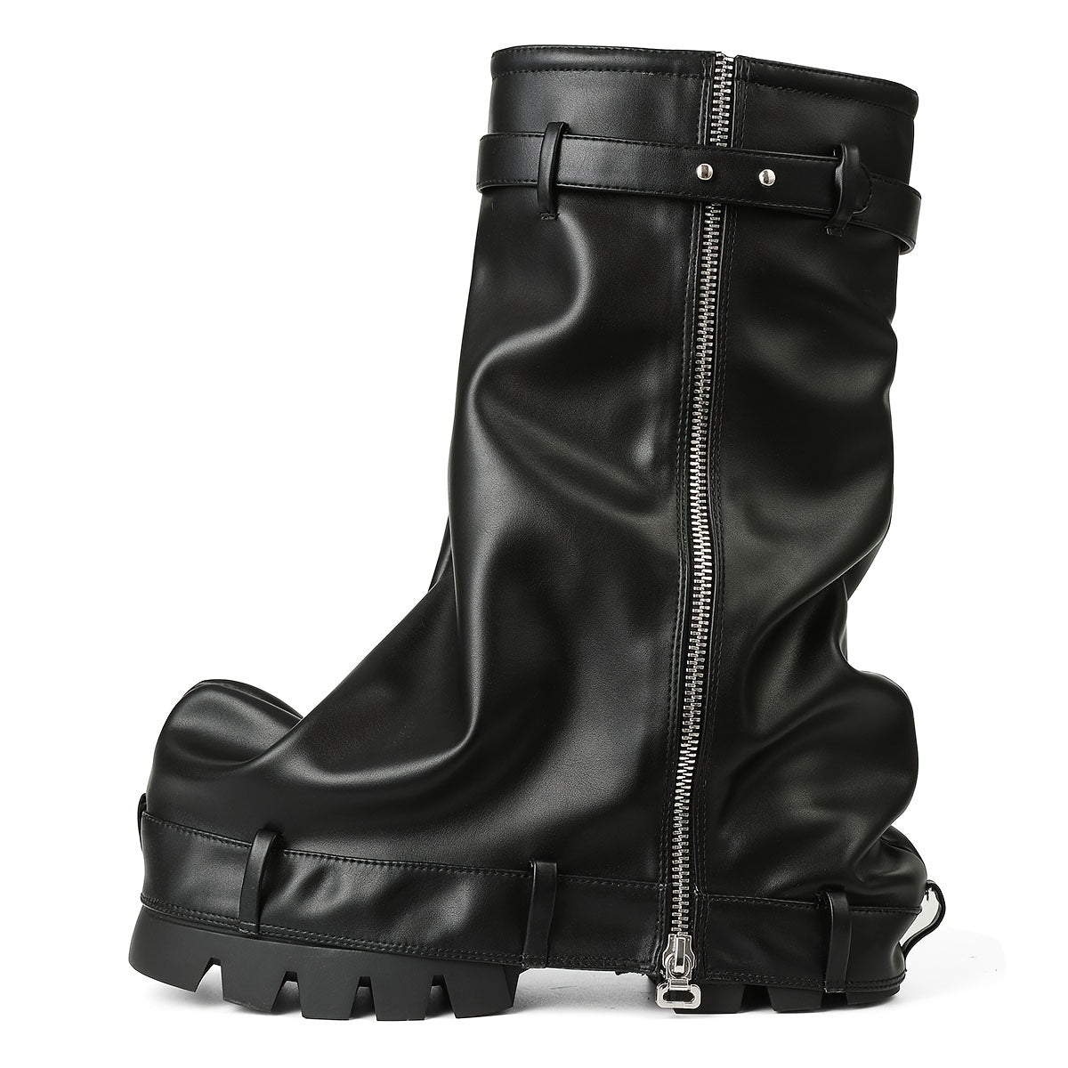 [Metallic Chunky High Heels] Metallic Chunky High Heels Mid-Calf Boots - Stylish Folding Women's Boots - Thick Sole Punk Gothic Motorcycle Shoes