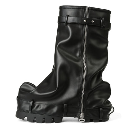 [Metallic Chunky High Heels] Metallic Chunky High Heels Mid-Calf Boots - Stylish Folding Women's Boots - Thick Sole Punk Gothic Motorcycle Shoes