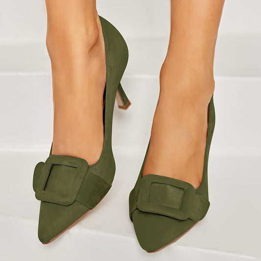 [Emerald Stiletto] Emerald Green Pointed Toe Stiletto Pumps | Women's Fashionable Wedding & Party Heels, Versatile All-Season Dress Shoes, Machine Washable, PU Cover Upper & Sole with Buckle Decor