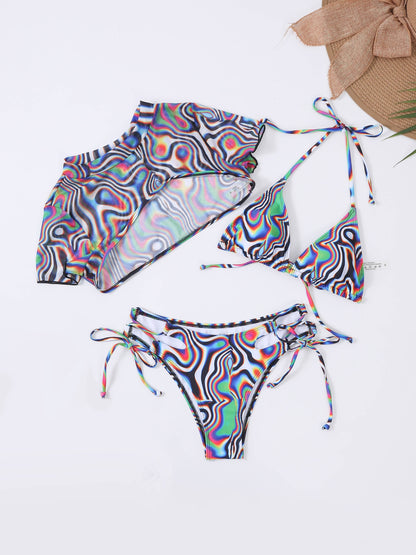 Chic Plaid Bikini Set - 3-Piece with Short Sleeve Cropped Cover Up - Adjustable Halter Tie Strap Swimsuits - Premium Womens Swimwear Collection