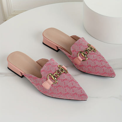 Women's Chain Decor Chunky Heel Sandals, Fashion Pointed Toe Dress Pumps, Stylish Slip On Heels