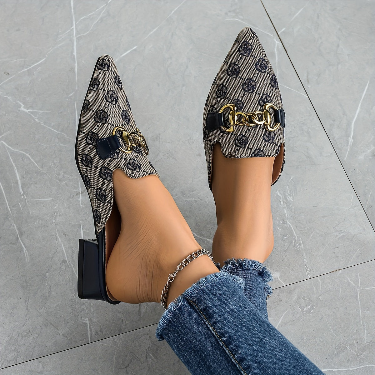 Women's Chain Decor Chunky Heel Sandals, Fashion Pointed Toe Dress Pumps, Stylish Slip On Heels