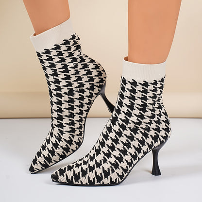 Women'S Elegant Houndstooth Sock Booties, Pointed Toe Stiletto High Heels, Slip-on Dress Boots for All Seasons, Comfortable Dress Footwear for Parties and Banquets