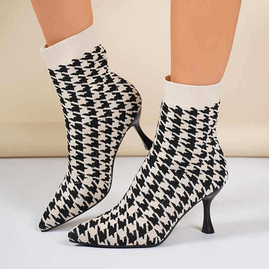 Women'S Elegant Houndstooth Sock Booties, Pointed Toe Stiletto High Heels, Slip-on Dress Boots for All Seasons, Comfortable Dress Footwear for Parties and Banquets