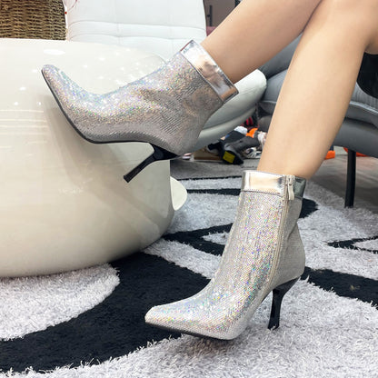 Rhinestone Cowboy Boots Sparkly Ankle Cowgirl Booties For Women Pointed Toe Side Zipper Western Glitter Mid Calf Short Fashion Boots With Diamond Stiletto Heels For Party Wedding Casual