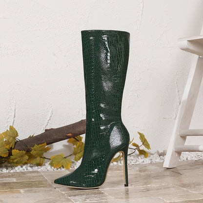 1pr Elegant Crocodile Pattern Knee-High Boots for Women - All-Season Zippered Stiletto Heels with Pointed Toe, Polyurethane Upper, Fabric Lining, Rubber Sole - Fashionable Western Style Casual Boots