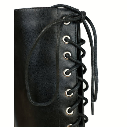 Women's Black Knee High Boots, Laces Up Eyelets Round Toe Long Boots, Sawtooth Sole Flat Heels Shoes