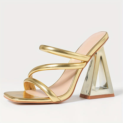 [Golden | Metallic] Stylish Golden Metallic Women's Square Toe Mules Sandals | Chunky Pyramid Heels with Braided Ankle Straps | High Heel Sandals for Summer, Party & Evening Wear