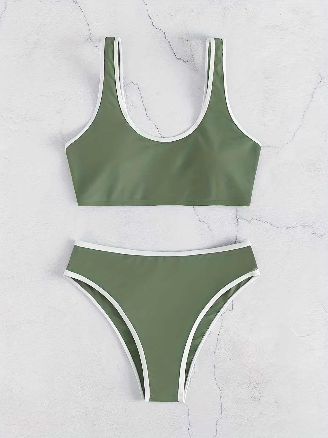 2-Piece High Stretch Bikini Set with Contrast Trim - Scoop Neck Top & Matching Swim Briefs - Stylish Swimwear for Women, Ideal for Beach & Pool