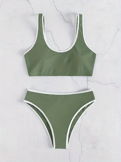2-Piece High Stretch Bikini Set with Contrast Trim - Scoop Neck Top & Matching Swim Briefs - Stylish Swimwear for Women, Ideal for Beach & Pool
