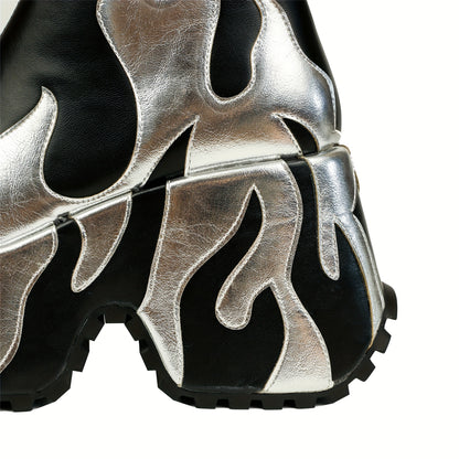 Women's Knee-high Boots With Side Zipper, High Heels, Flame Design, And Thick Soles