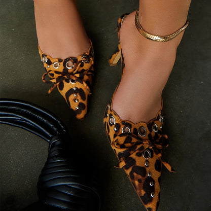 High Heeled Kitten Mules For Women Slip On Pointy Bow Heels Dress Pumps Backless Wedding Shoes