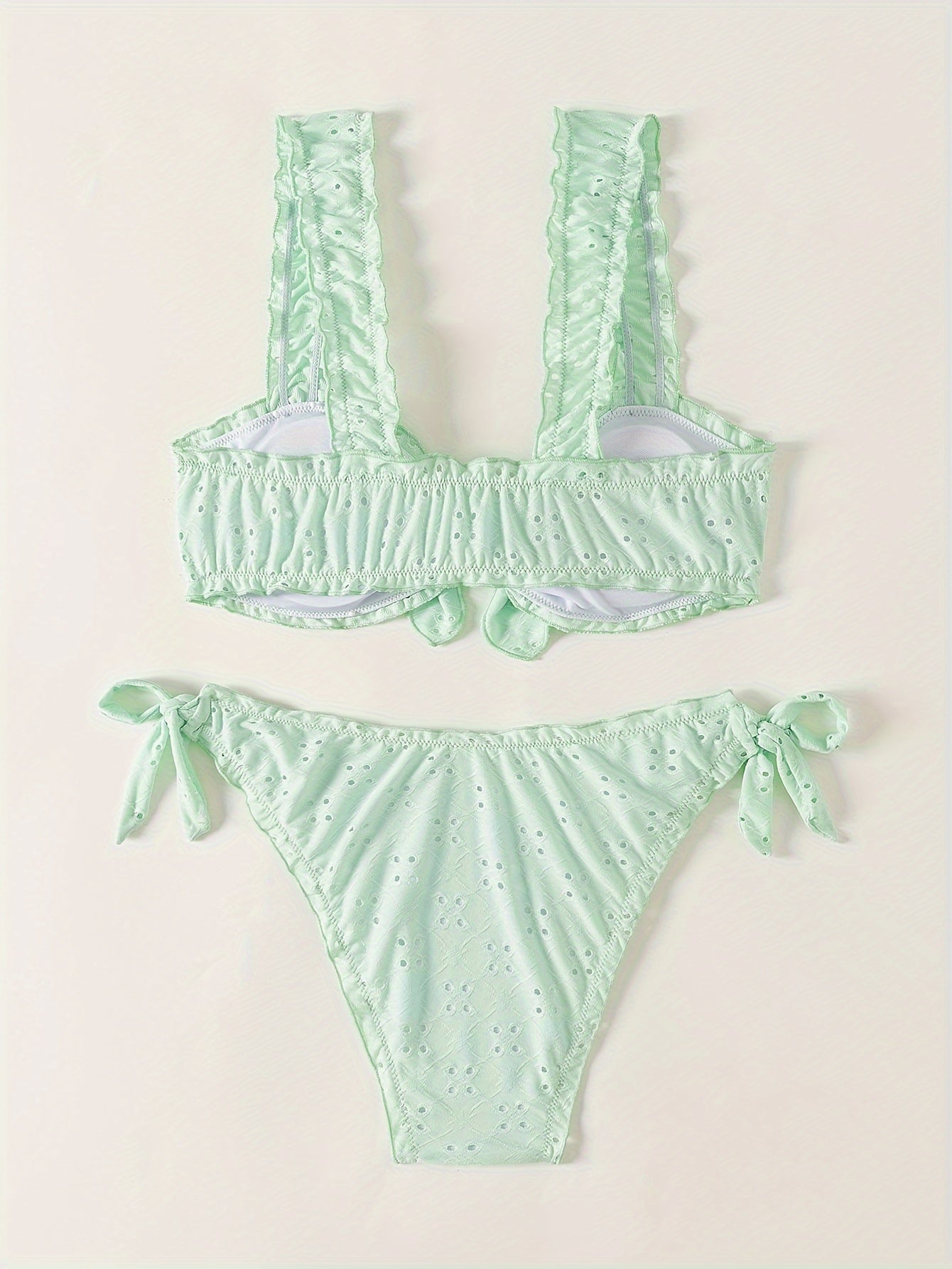2 Piece Eyelet Embroidery Frill Stretchy Knot Bikini Set - Cute, Comfortable, and Chic Women's Swimwear with Plain White Color - Perfect for Beach, Pool, and Summer Vacation