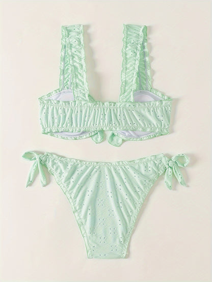 2 Piece Eyelet Embroidery Frill Stretchy Knot Bikini Set - Cute, Comfortable, and Chic Women's Swimwear with Plain White Color - Perfect for Beach, Pool, and Summer Vacation