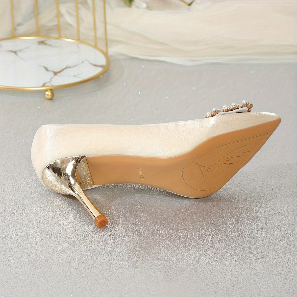 Champagne Satin Bridal Heels for Wedding 2024, Elegant French Style, Crystal Straps, Thin Heel, Comfortable, Multi-Season