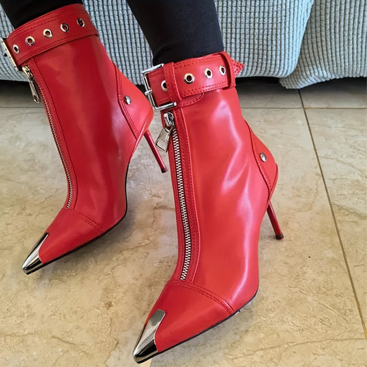 Fashion Womens Ankle Boots Metal Pointed Toe Stiletto Heel Boots Sexy Buckle Strap Boots Nightclub Dress High Heels Boots Women