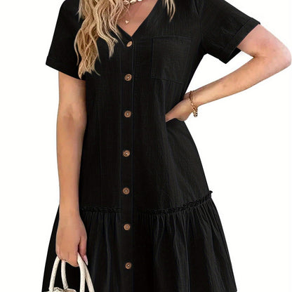 Women's Casual Short Sleeve Button- Dress with Ruffle Hem - Lightweight 300gsm V-Neck Tunic Shirt Dress, Machine Washable Summer Dress for Beach Outings & Casual Wear, Summer Casual Dress | Ruffle Hem Dress | Breathable Fabri