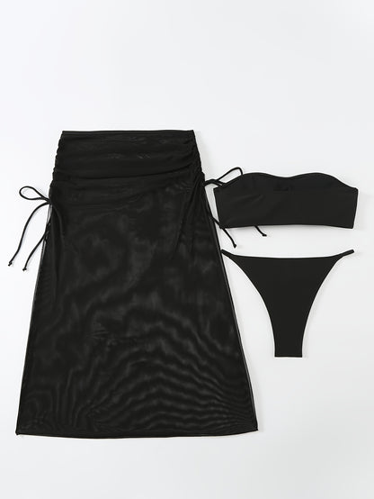 Plain Black Stretchy Elegant 3 Piece Set Swimsuits, Bandeau V String Bikini With Side Split Drawstring Mesh Cover Up Skirt, Women's Swimwear & Clothing Valentine's Day
