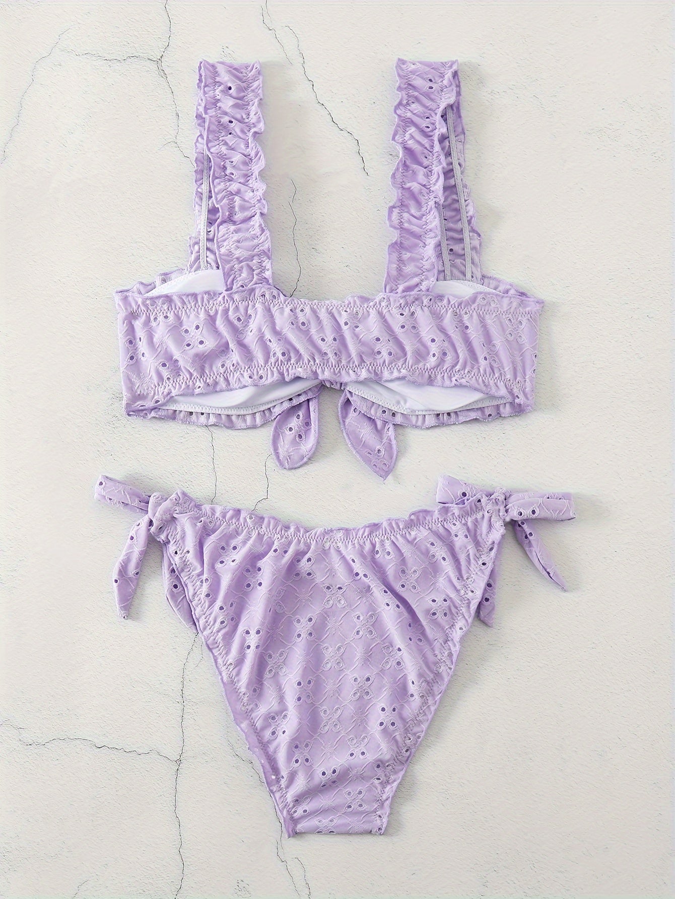 2 Piece Eyelet Embroidery Frill Stretchy Knot Bikini Set - Cute, Comfortable, and Chic Women's Swimwear with Plain White Color - Perfect for Beach, Pool, and Summer Vacation