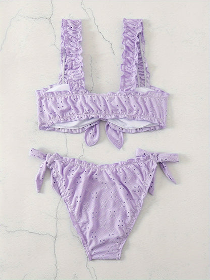 2 Piece Eyelet Embroidery Frill Stretchy Knot Bikini Set - Cute, Comfortable, and Chic Women's Swimwear with Plain White Color - Perfect for Beach, Pool, and Summer Vacation