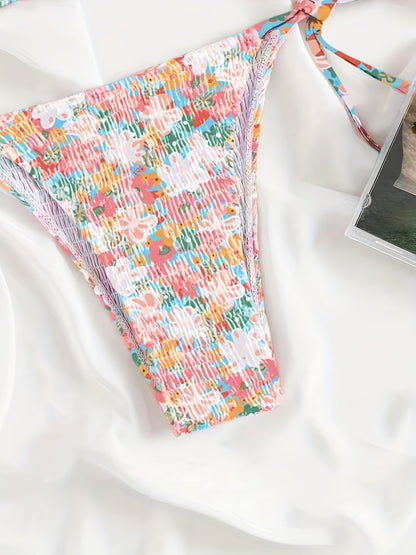 Floral Print Shirred Halter 2 Piece Set Bikini, Triangle Tie Strap Stretchy Swimsuits, Women's Swimwear & Clothing