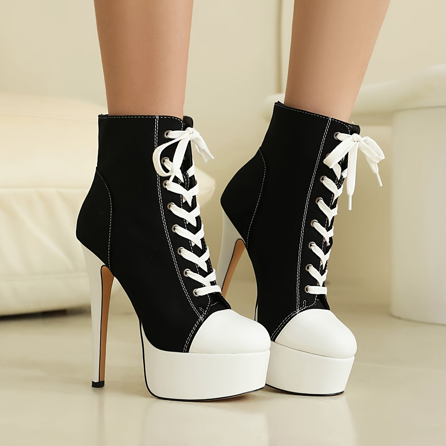 1pr Women's Black and White Lace-Up Ankle Boots, Round Toe Stiletto High Heels with Mesh Inner, Rubber Sole, Man-Made Insole - Ultrahigh Heel Fashion Footwear, Highheel Boots | Round Toe Boots | Decorative Stitching, Stiletto