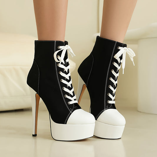 1pr Women's Black and White Lace-Up Ankle Boots, Round Toe Stiletto High Heels with Mesh Inner, Rubber Sole, Man-Made Insole - Ultrahigh Heel Fashion Footwear, Highheel Boots | Round Toe Boots | Decorative Stitching, Stiletto