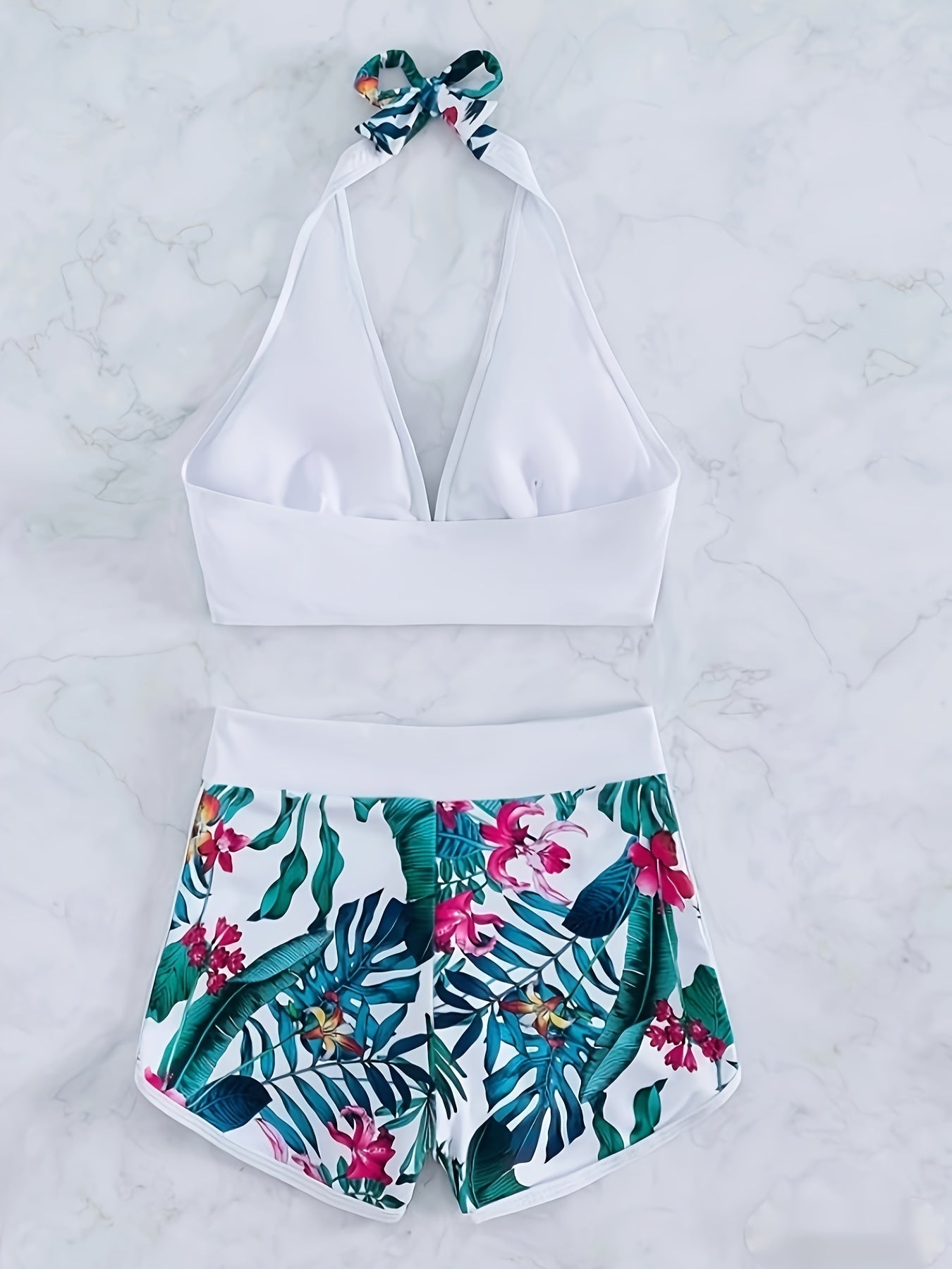 2 Piece Tropical Floral Print Halter V-Neck Bowknot Bikini Set - High Stretch, Quick Dry, Hand Washable, Comfortable Swimwear for Women with Random Floral Pattern and Contrast Trim Details - Polyamide Material, Knit Fabric, N