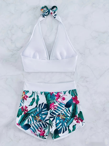 2 Piece Tropical Floral Print Halter V-Neck Bowknot Bikini Set - High Stretch, Quick Dry, Hand Washable, Comfortable Swimwear for Women with Random Floral Pattern and Contrast Trim Details - Polyamide Material, Knit Fabric, N