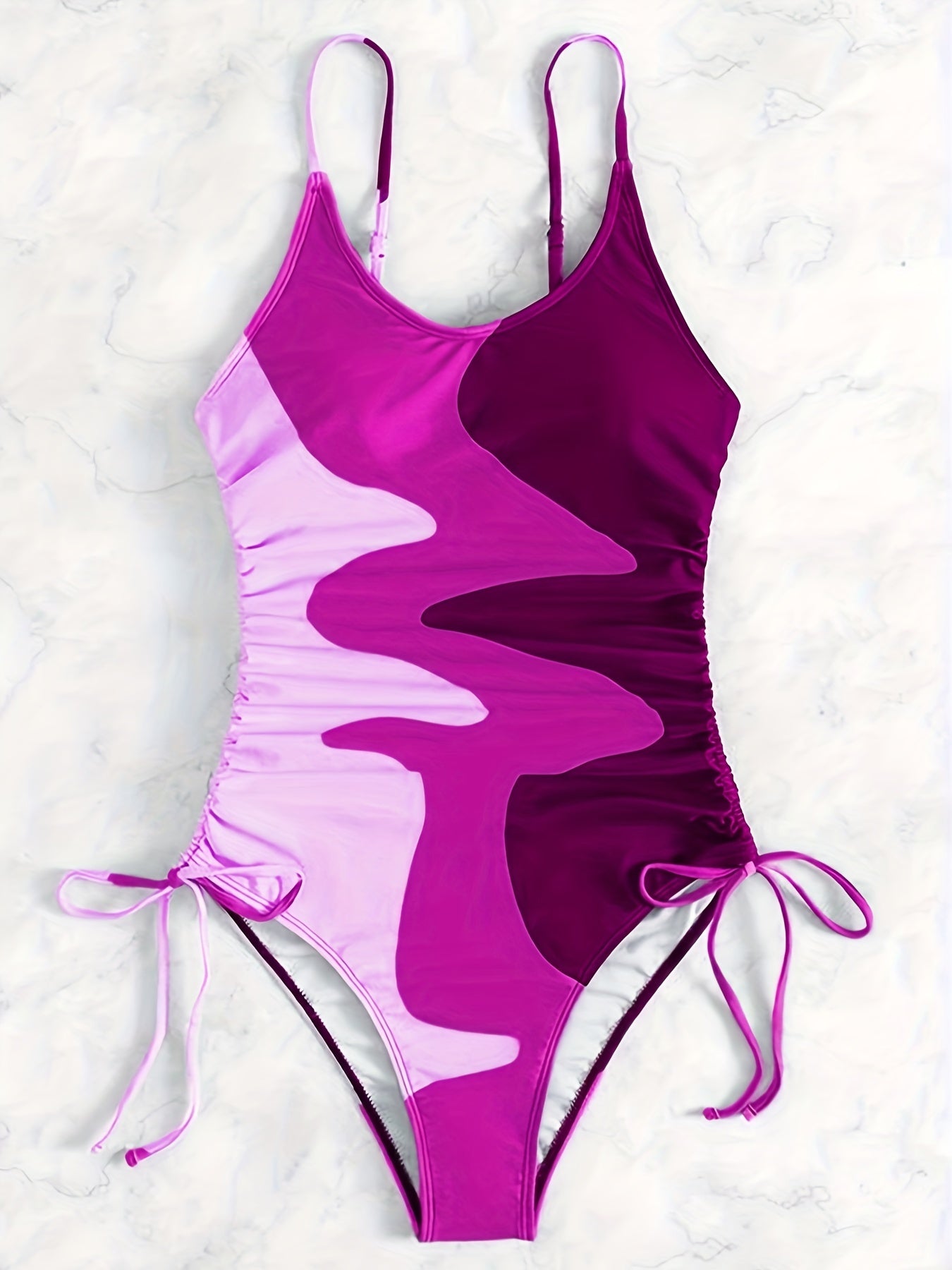 Blue Color Block Drawstring One-piece Swimsuit, Spaghetti Strap High Stretch Bathing Suits, Women's Swimwear & Clothing