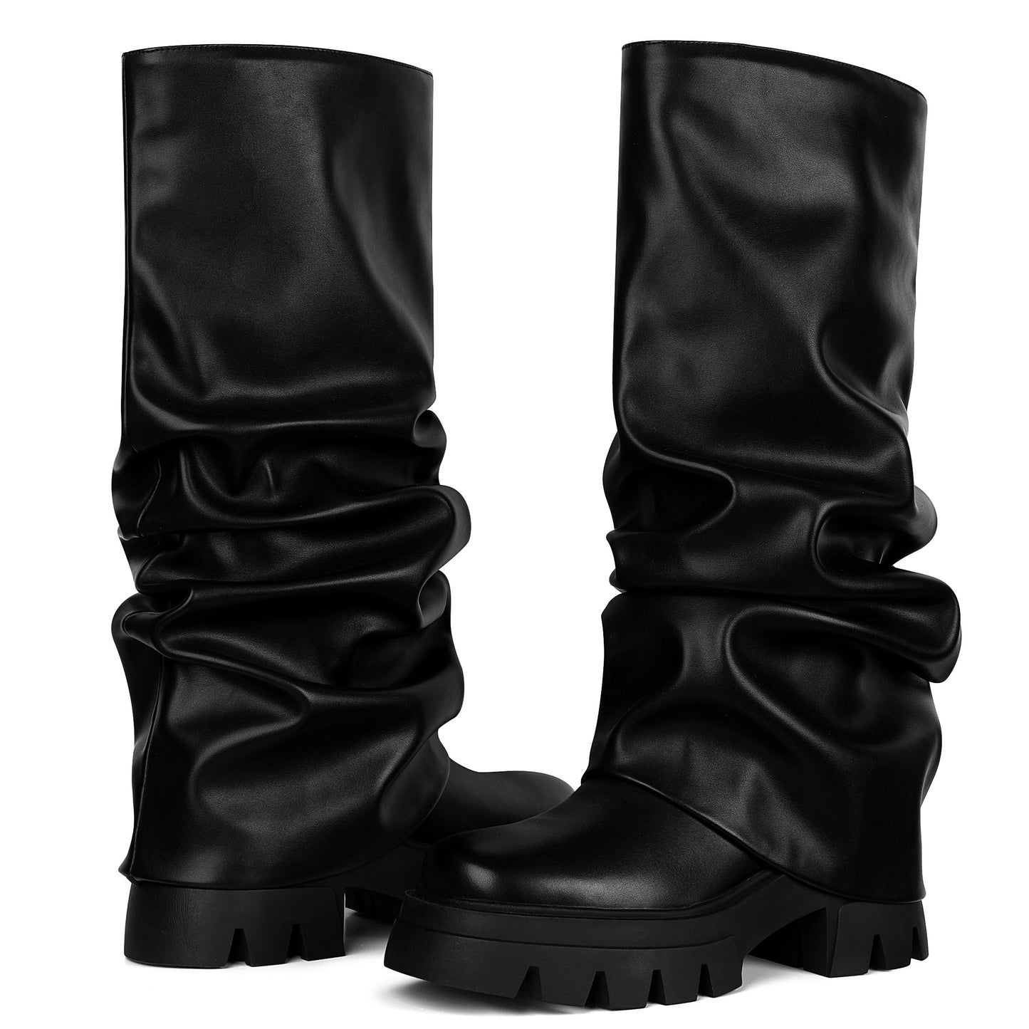 Women's Platform Knee High Boots Fashion Pleated Chunky High Heels Round Toe Fold Over Pull On Slouchy Shark Boots