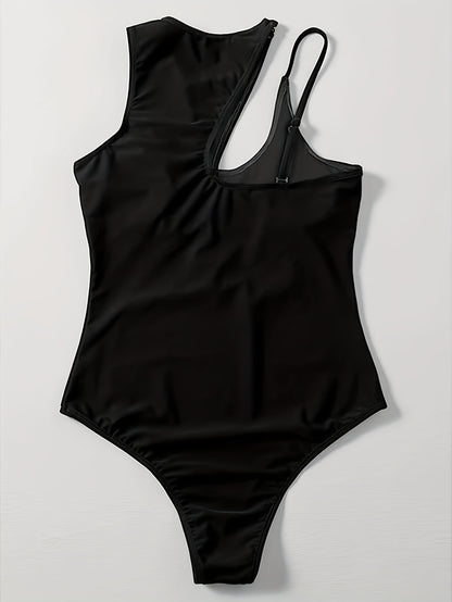 Flattering Asymmetric One Piece Swimsuit - Stretchy & High Cut Design - Solid Color Womens Swimwear for a Chic Beach Look