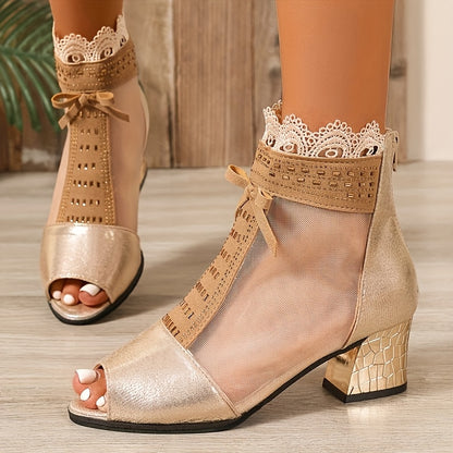 Spring And Summer Women'S High Heels, Black Sparkling Open-Toe, Comfortable Chunky Heel Breathable Mesh Fashion Shoes, Elegant High Heels with Lace Trim Design.
