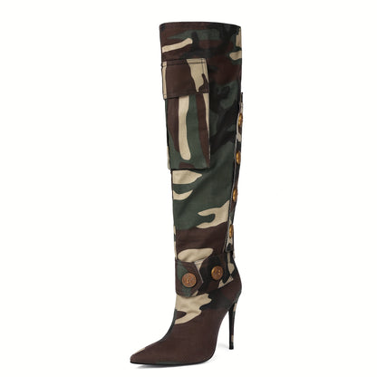 Women Tried Knee-high Boots Pointed High Heels Asymmetrical Camouflage Willow Nails Fashion Locomotive Sexy Banquet Stilettos Mandarin Duck Shoes