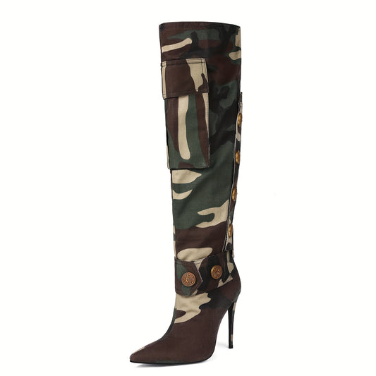 Women Tried Knee-high Boots Pointed High Heels Asymmetrical Camouflage Willow Nails Fashion Locomotive Sexy Banquet Stilettos Mandarin Duck Shoes