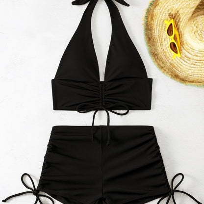 2 Piece Set Bikini Swimsuit - Halter V Neck, Drawstring Tie Front, Tie Side Boxer Short Bottom, Comfortable, Adjustable, Quick Drying, Women's Swimwear & Clothing for Beach Vacation